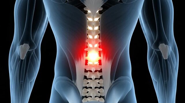 Lower back lumbar spine x-ray with red glowing vertebrae and discs