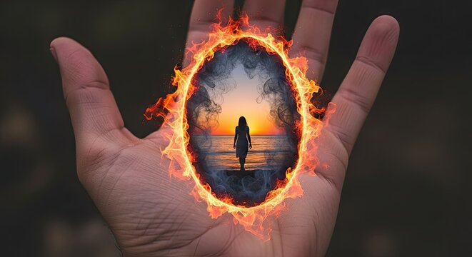 Person standing in oval portal held in hand with fiery elements