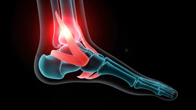 Human foot and ankle anatomy with red highlight on painful tendons