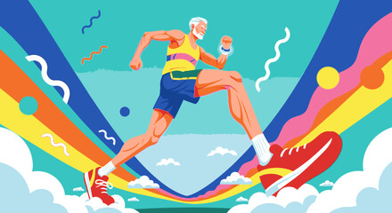 Fototapeta premium Vibrant illustration of an active senior man running with energy and vitality against a colorful, dynamic background, promoting healthy aging and an energetic lifestyle.
