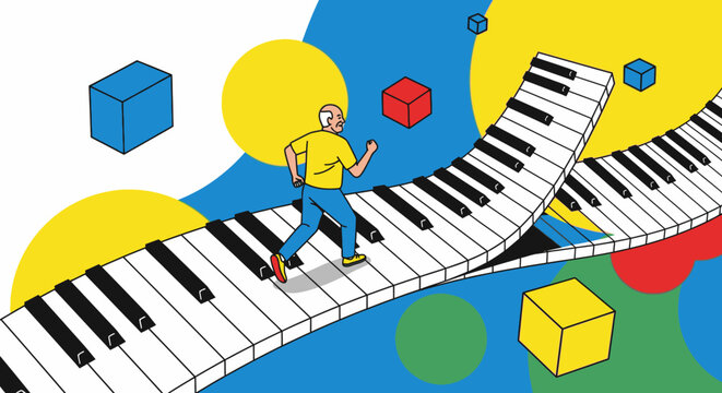 Conceptual illustration of a person running on a path of piano keys, symbolizing the journey of musical education, creative development, and achieving goals with rhythm and harmony.