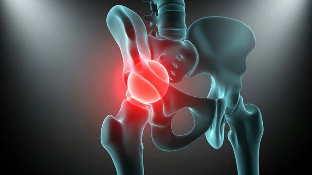 Close up of human hip joint and pelvic bone structure in blue
