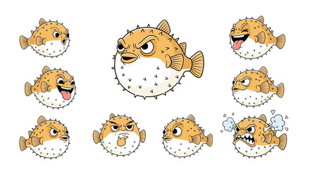 Fototapeta premium Animated puffer fish character showing a range of emotions and expressions including happy, angry, and thoughtful.