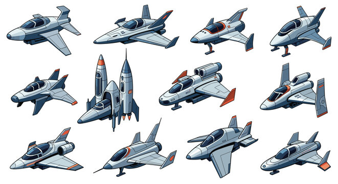 Comprehensive collection of different futuristic spacecraft and fighter jet designs in a retro pixel art style on white background.