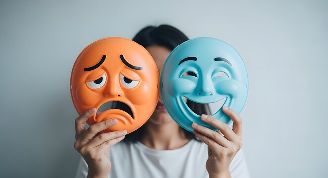 A person hiding their true emotions behind a smiling mask, symbolizing duality and hidden feelings