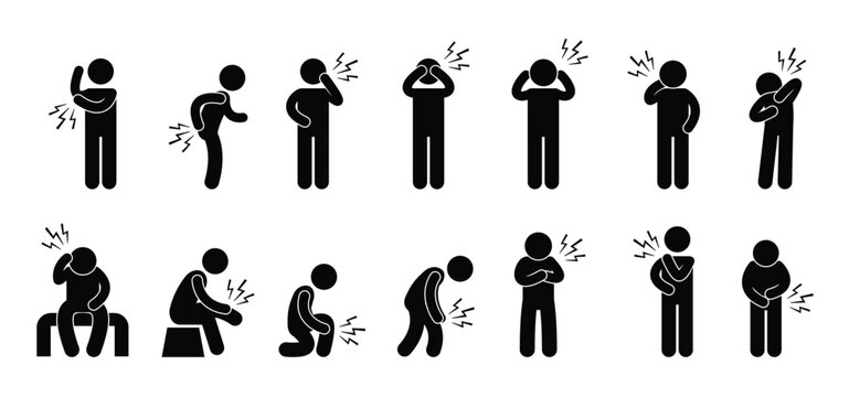 Collection of vector stick figure illustrations showing men and women experiencing various types of body pain. Backache icon set. Man touching his back. Osteoporosis, arthritis symptom. Muscle pain.
