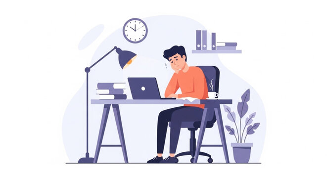 A man sits at a desk working on a laptop with a lamp and plant nearby in a modern workspace