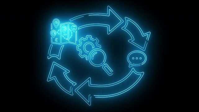 Neon-lit illustration of a circular process with people, gears, magnifying glass, and chat bubbles in a glowing blue line on a black background.