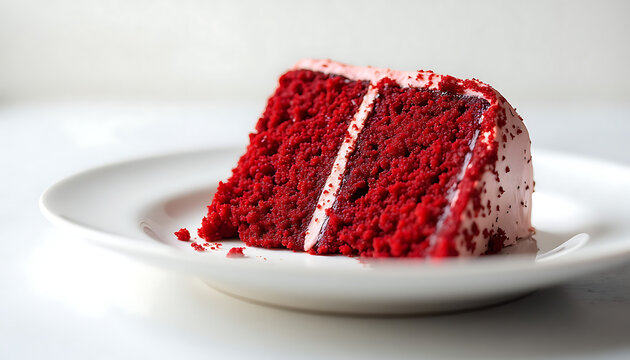 A slice of red velvet cake with cream cheese frosting on a rustic wooden table, a dark, moody background, soft light from a window, a fork next to a plate, rich red contrast of crumbs, a realistic foo