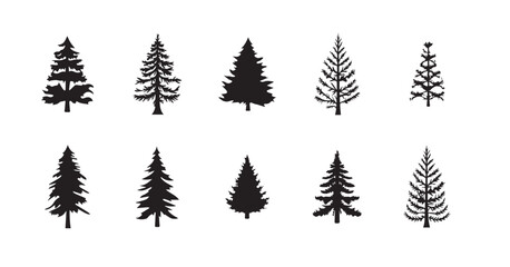 Fototapeta premium Hand drawn Christmas tree silhouettes set with fir and pine winter holiday. Collection of diverse black Christmas tree silhouettes on an isolated white background, vector illustration.
