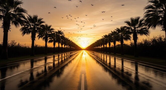 Road lined with palm trees at sunset reflecting in wet surface