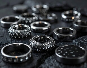Obraz premium Black rings with sparkling gems on dark stone