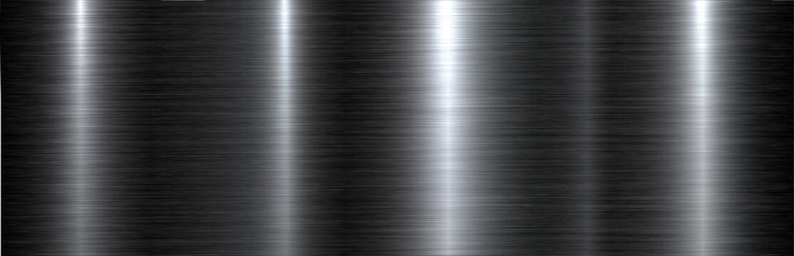 Brushed metal black texture background, shiny lustrous dark gray metallic pattern banner.