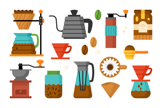 Coffee icons set with filter, grinder, cold brew and drip cup. Vector illustration
