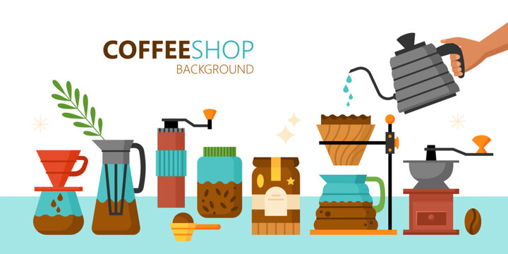 Coffee shop poster design with icons filter, grinder, cold brew and drip cup. Vector illustration