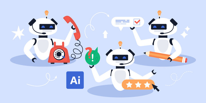 Artificial intelligence tool for customer support, chatbot, helpdesk and hotline business concept. Modern vector illustration of  AI technology