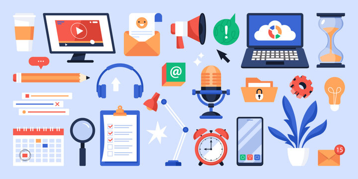 Workspace icons set with laptop computer, office objects and mobile phone. Modern vector illustration business concept