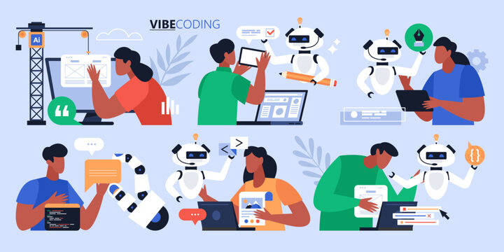 Artificial intelligence tool for vibe coding, debugging and programming business concept. Modern vector illustration of  people using AI technology for app development
