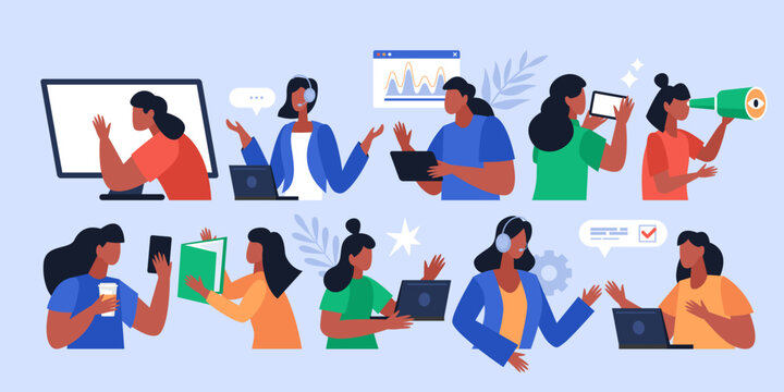 Woman working on laptop computer, digital tablet and mobile phone. Business concept. Modern vector illustration set of women using digital devices