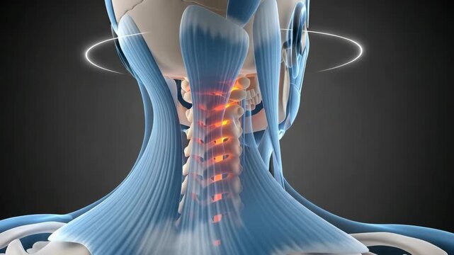 Side view of human head and neck vertebrae in a blue x-ray scan