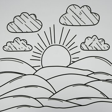 Hand drawn outline of a sunrise over rolling hills with clouds