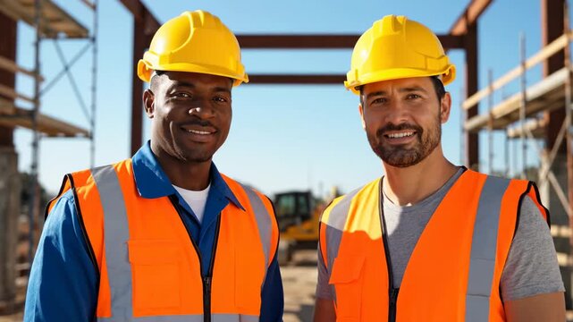 Two construction workers smiling in front of a construction site