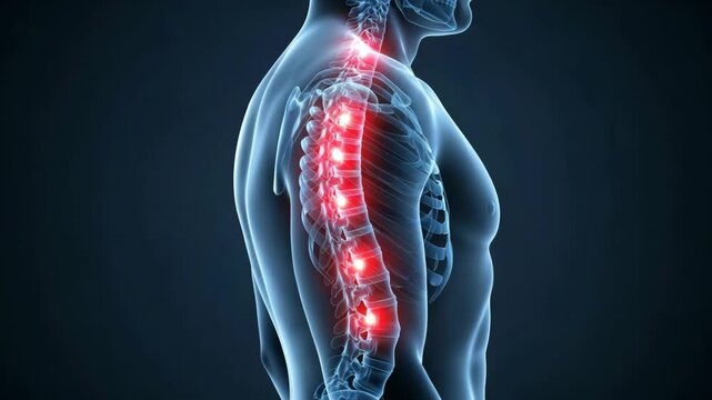 Side view of human spine with multiple red glowing vertebrae