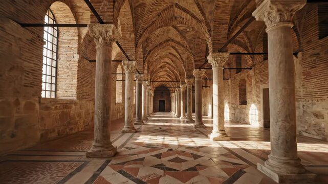 Architectural perspective of an interior stone hallway featuring brick vaulted arches, rows of classical columns, and a geometric marble floor under bright natural light and shadows.