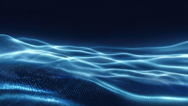 Abstract Blue Wavy Energy Field with Glowing Particles.