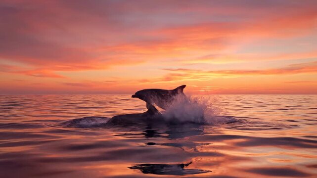 Two dolphins leaping from the ocean at sunset with vibrant orange and pink hues
