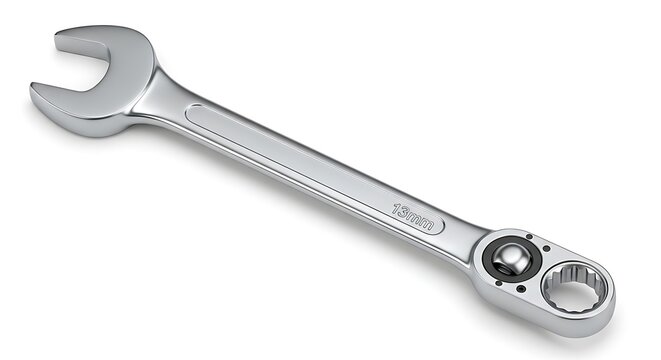 Shiny metal wrench with ratchet mechanism for mechanical work.