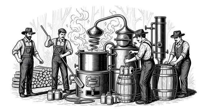 Historical monochrome illustration depicting men engaged in the traditional process of moonshine or spirit distillation, featuring classic stills, wooden barrels, and bottles in a rustic setting