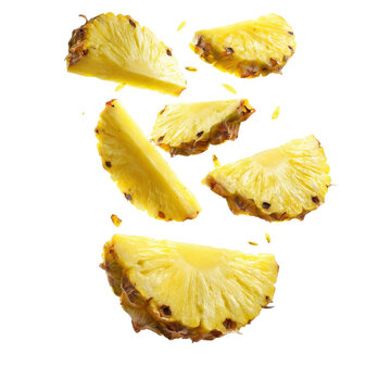 Fresh pineapple slices float against a white background in an artistic food display that highlights their juicy texture and vibrant color on transparent background