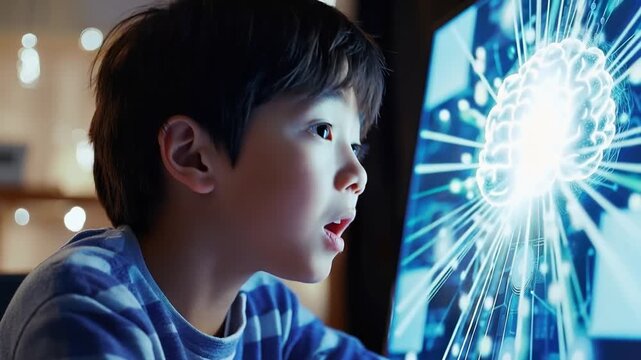 Young Mind's Interface: A child's eyes widen as they gaze upon a screen displaying an animated representation of the brain, symbolizing the marvel of digital learning and the future of technology.