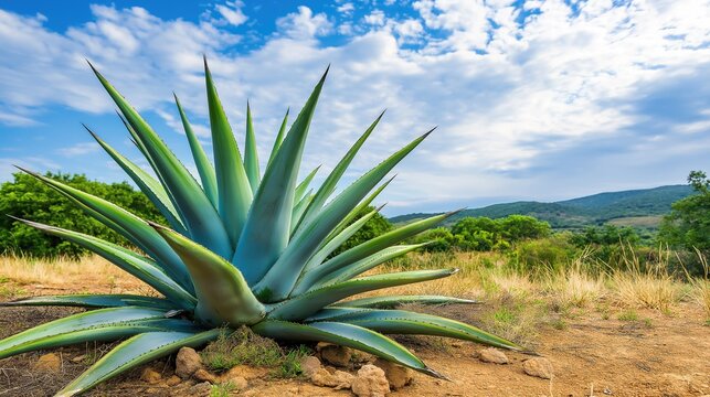 amalgam. A mature blue agave plant lies harvested on the arid desert ground under harsh sunlight. gardening catalogs, home-decor guides, designed for gardening and botanical catalogs.