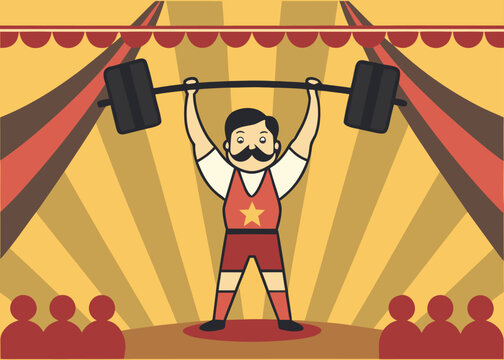 A stylized circus strongman with a large mustache holds a heavy bent barbell overhead on a stage with yellow sunburst rays and red curtains.