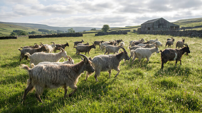 Domestic goats move through a lush green field. A rustic barn and rolling hills under a soft sky complete this serene rural farm scene