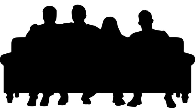 Black silhouette of four people sitting together on a sofa isolated on white background