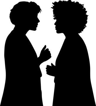 Black Silhouette Vector of Two Women Talking and Facing Each Other with Different Hairstyles Isolated on White Background