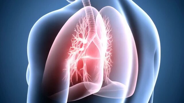 Detailed view of human lung bronchial tree with red glowing center