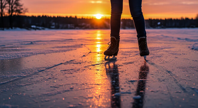 Person ice skating on a frozen lake at sunset, with golden light reflecting dramatically off the ice and snow-covered forest background.