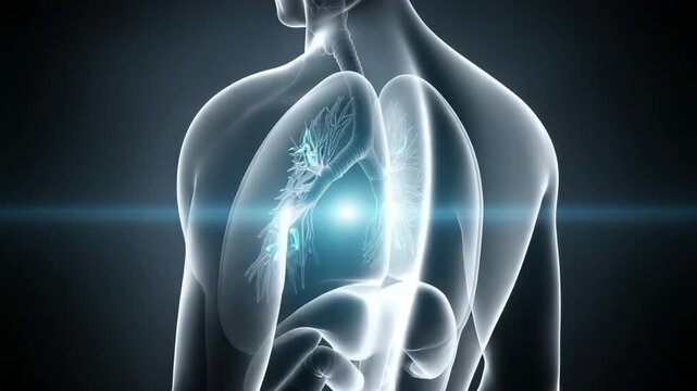 Translucent human torso x-ray showing heart and lung internal organs