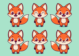 Fototapeta premium Six orange cartoon fox characters are standing in two rows on a mint green background with each showing a unique facial expression.