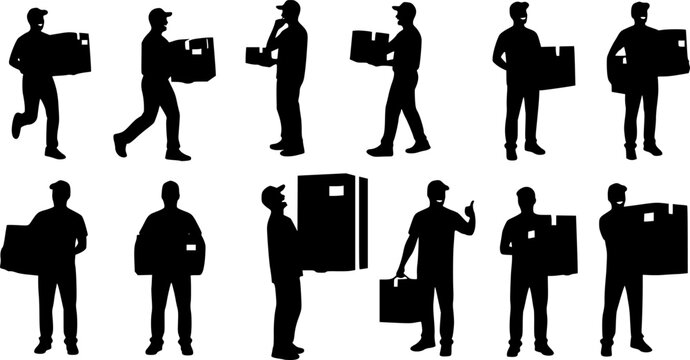 Delivery man silhouettes carrying boxes - Vector Stock 