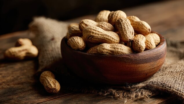 A Rustic Bowl Overflowing with Fresh Peanuts on a Wooden Surface.