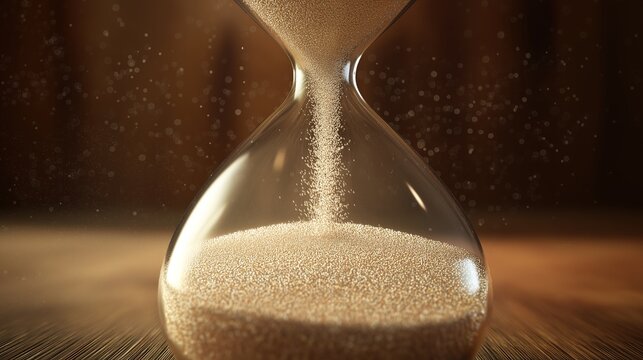 infamy. Final grain of sand falling through hourglass center, soft wooden background, dramatic lighting. wellbeing guides.
