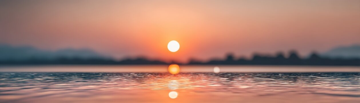 A serene sunset over calm water with distant mountains silhouetted against a colorful sky, Songkran abstract, summer relax