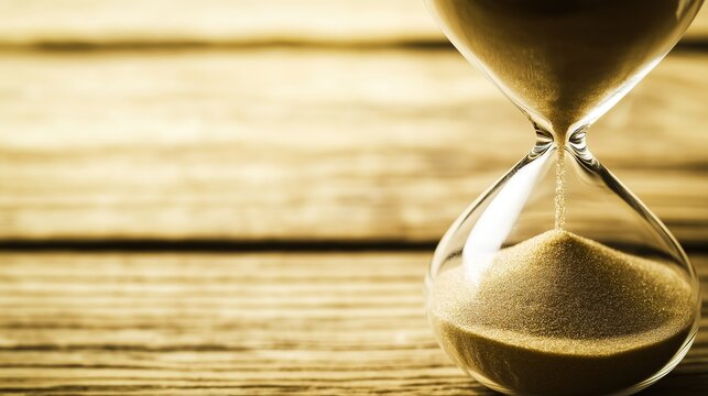infamy. Final grain of sand falling through hourglass center, soft wooden background, dramatic lighting. wellbeing guides.