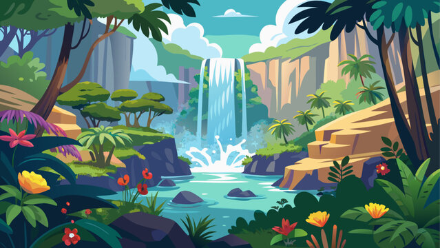 Tropical jungle landscape, waterfall paradise, lush greenery, exotic plants