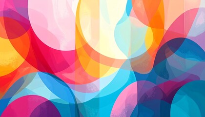 Obraz premium Vibrant abstract background of overlapping semi-transparent circles and wavy shapes in a spectrum of warm and cool colors, creating a lively and dynamic composition with a soft, ethereal feel